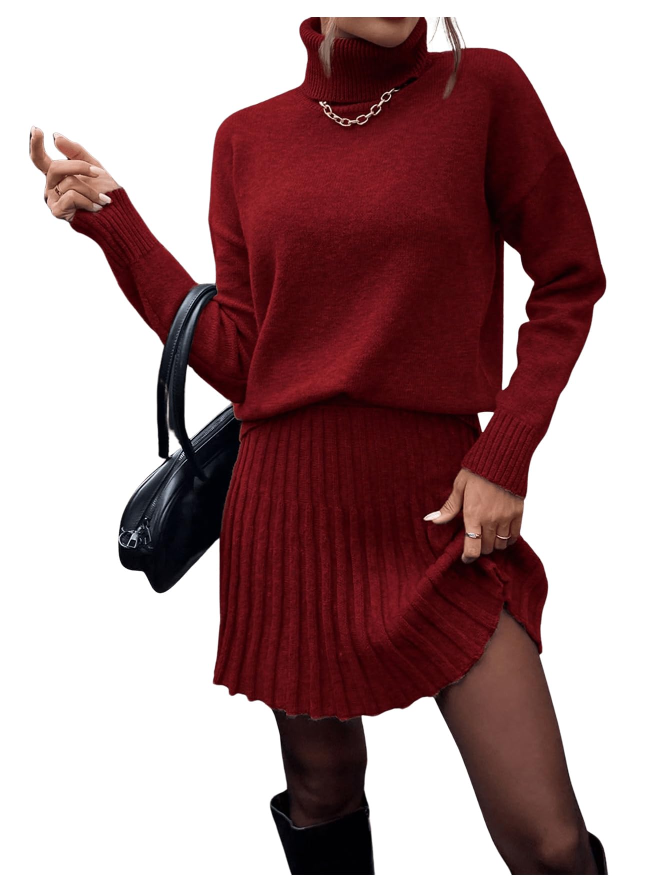 MakeMeChic Womens Sweater Skirt Sets 2 Piece Outfits Ribbed Knit Mock Neck Sweater Pullovers A Line Mini Skirt