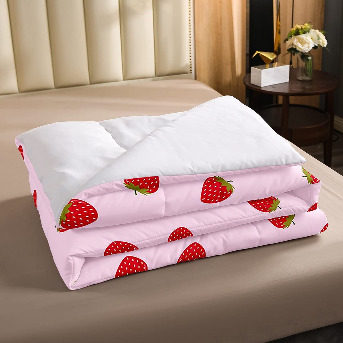 Juego de ropa de cama para niñas y niñas, diseño de fresas, color rosa