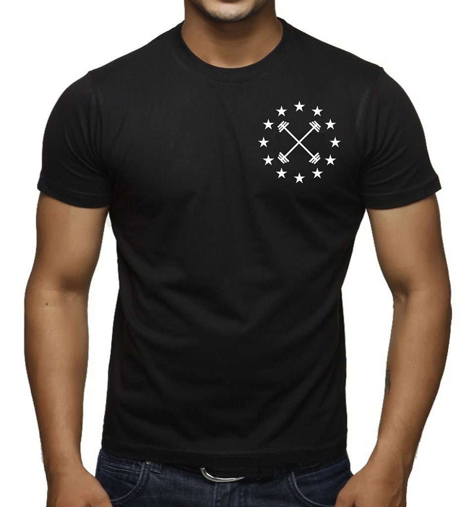Interstate Apparel IncMen's Crossed Barbell Star Emblem V397 Black T-Shirt Black