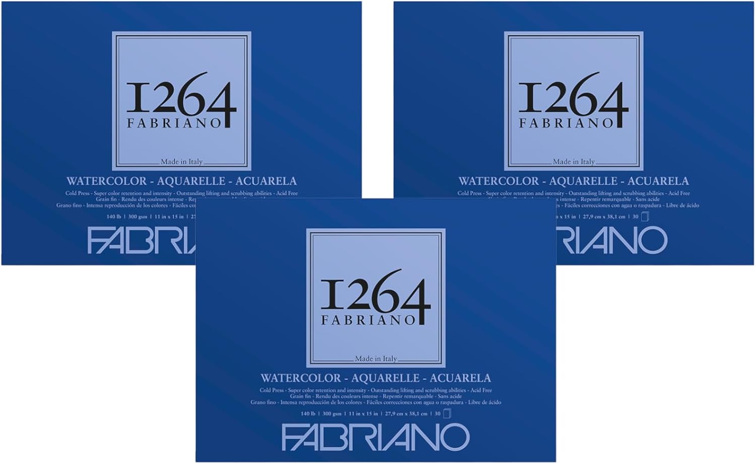 Fabriano 1264 Watercolor Pad, 9" x 12", Glue Bound, 140 lb., 3-Pack