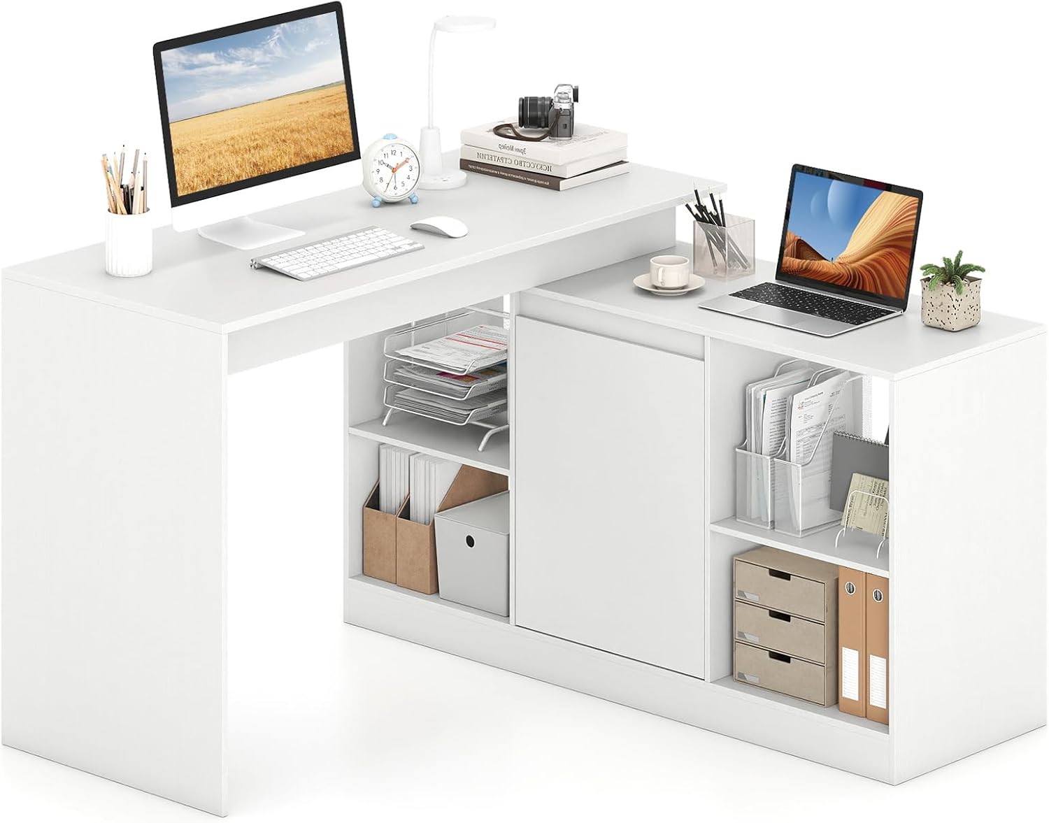 Tangkula Reversible L-Shaped Computer Desk with Storage Cabinet & 4 Shelves, Home Office Corner Desk for Writing Study Work Executive, Modern Executive Desk Laptop Workstation for Home Office (White)