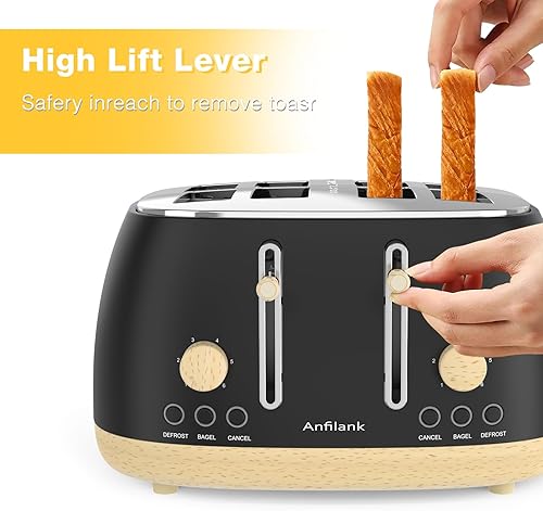 Miniatura 8 de Tostadora de 4 rebanadas, tostadora retro de acero inoxidable con ranuras extra anchas, doble panel de control independiente, cancelar, bagel,