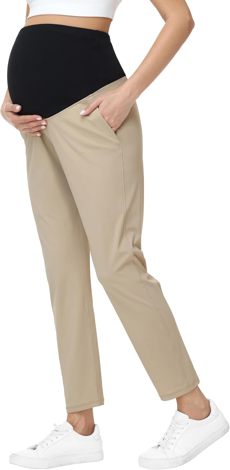 Maternity Pants Over Belly Pregnancy Casual Scrub Pant | Ankle, Relaxed Fit, Stretchy Soft Fabric, Golf, Work, Dress, Business Pregnancy Trousers, With Pockets