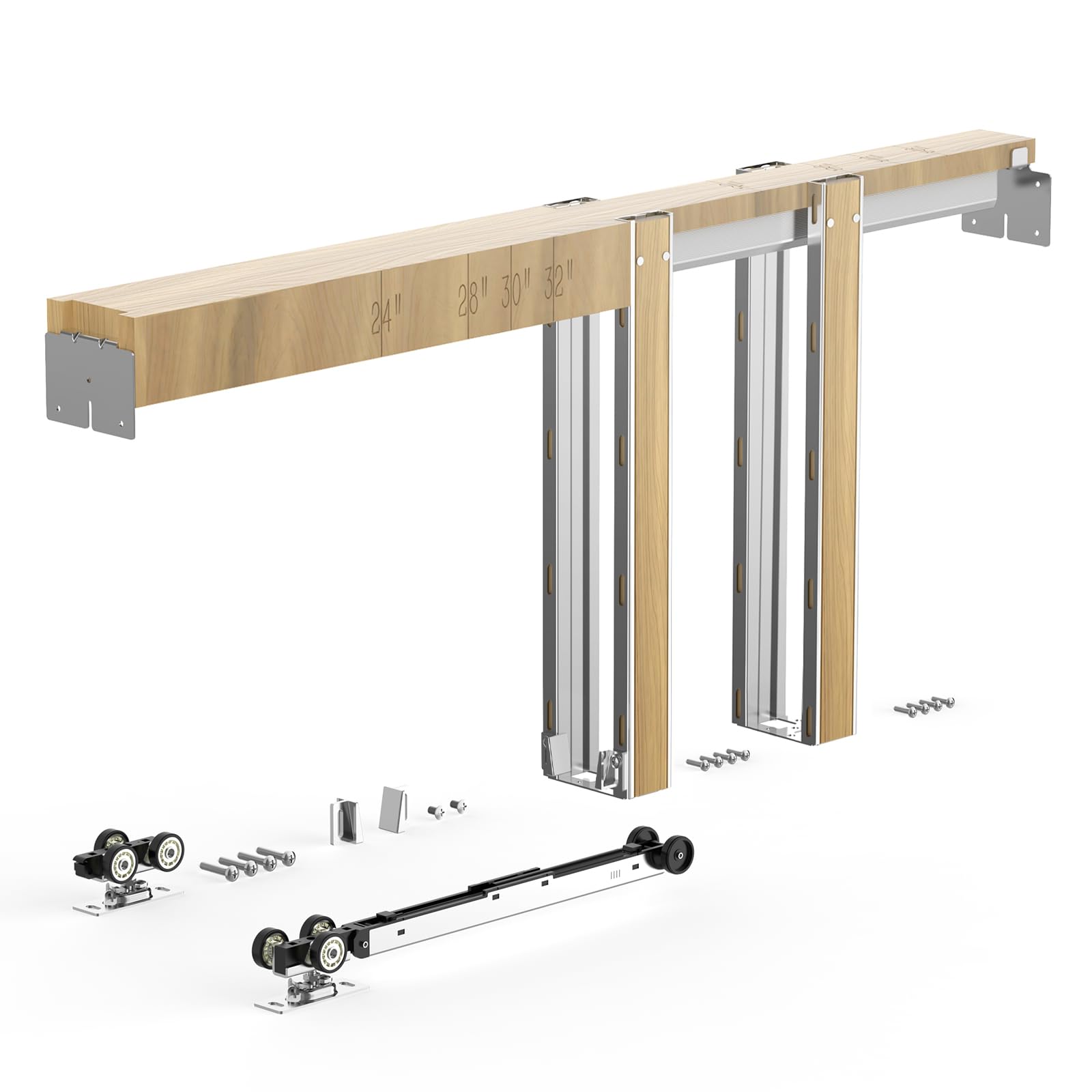 VEVOR Kit de Marco para Puerta Corrediza de Madera y Acero Galvanizado para Puertas de 610-762 mm de Ancho y 2032 mm de Alto con Mecanismo de Cierre suave Bidireccional para Sala de Estar, Oficina