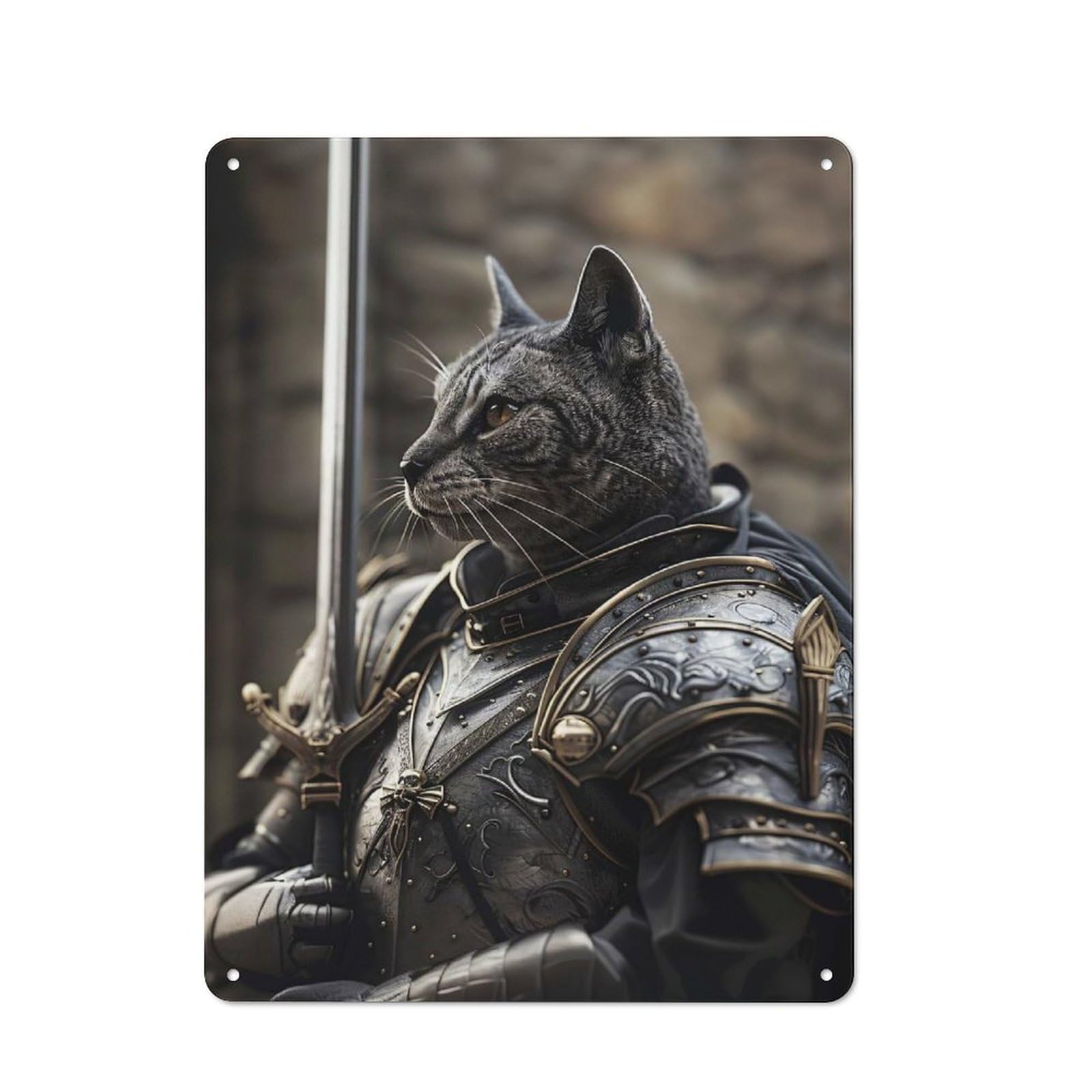 Junmoney Style-13 Kitchen Metal Sign With Cat Knight In Armor Design 40X30cm, Cosy Kitchen Wall Decor For Coffee Bar, Kitchen, Bistro Or Tea Corner