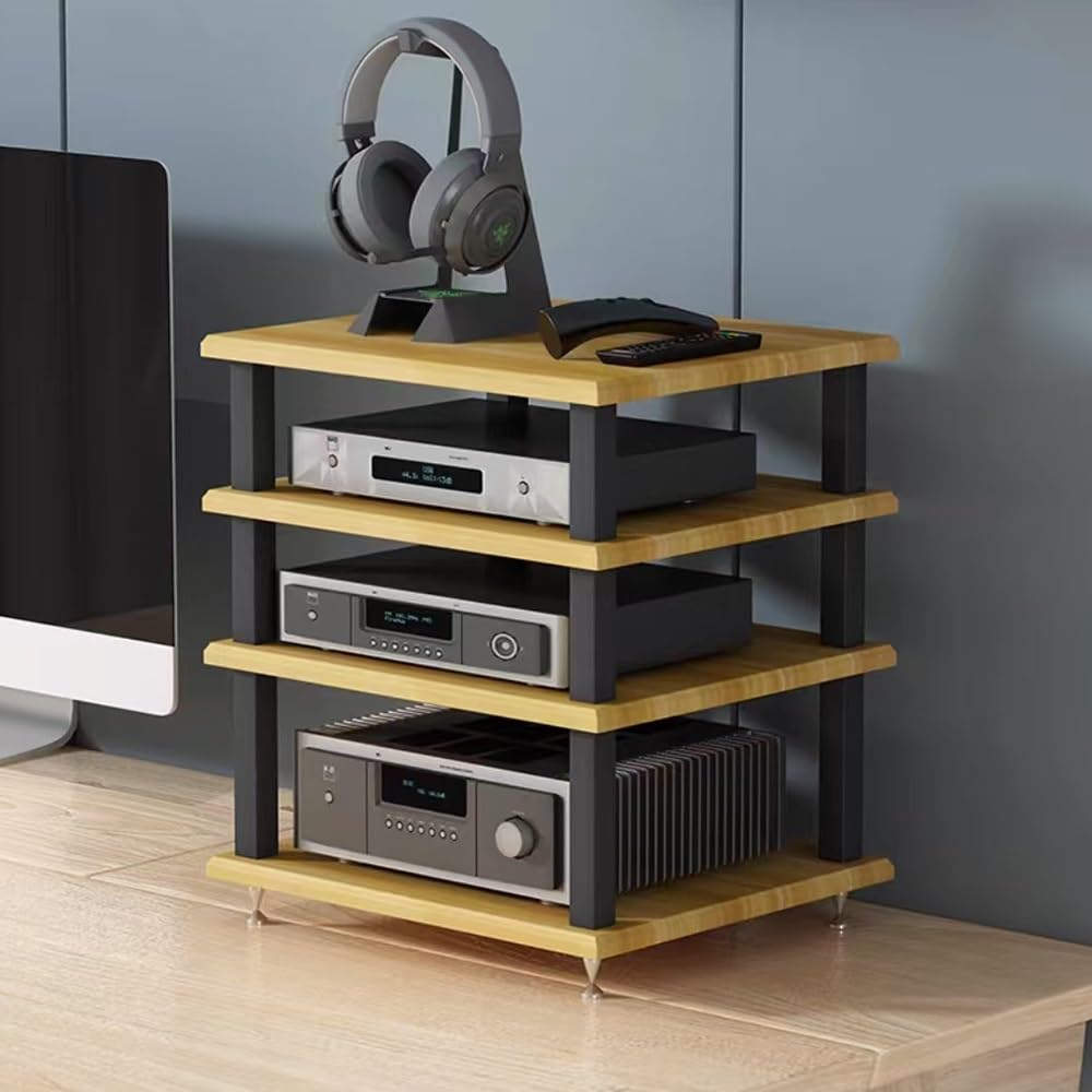 Stojak audio HiFi – kompaktowy 4-poziomowy stojak na konsolę multimedialną do komponentów stereo, wzmacniaczy, głośników i odtwarzaczy płyt - stylowe wykończenie orzechowe idealne do użytku na biurku