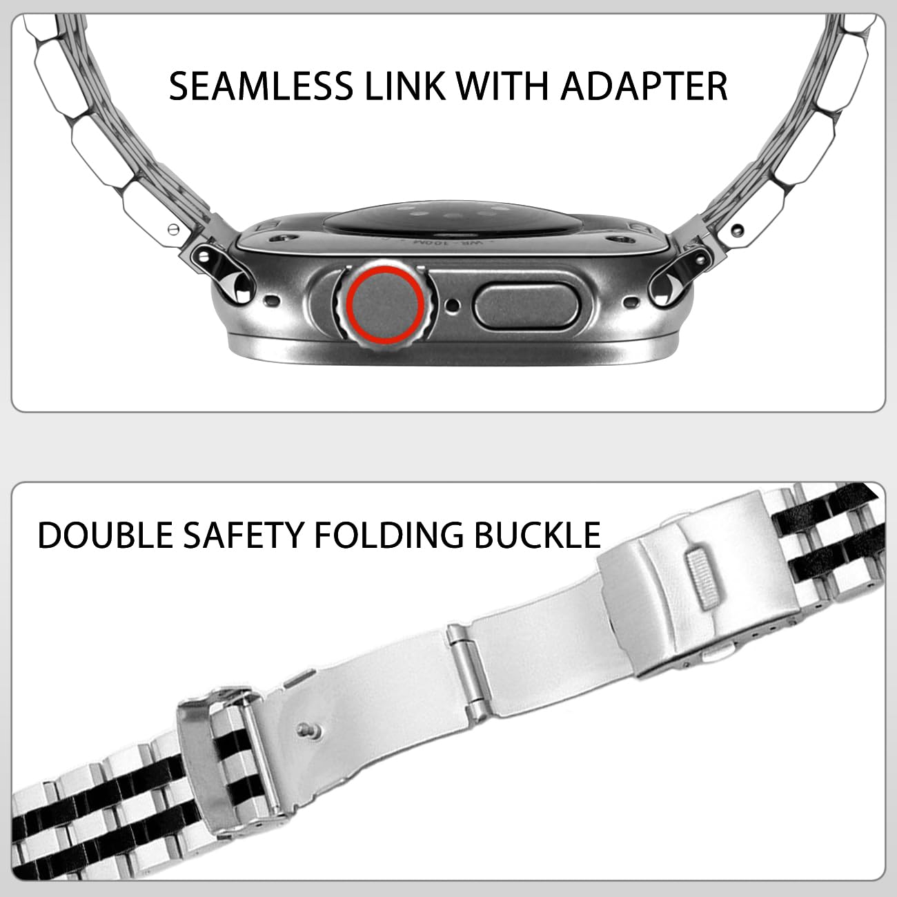 Juntan Stainless Steel Watch Band Compatible for iWatch Band 42mm 44mm 45mm 49mm Apple Watch Series 7 6 SE 5 4 3 2 1 Sport Metal Replacement Bracelet Silver Black - Image 2