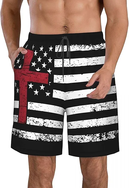 Mens Swim Trunks Men Quick Dry Beach Shorts America Flag Cross Men's Board Shorts Swimwear Bathing Suit with Mesh Lining