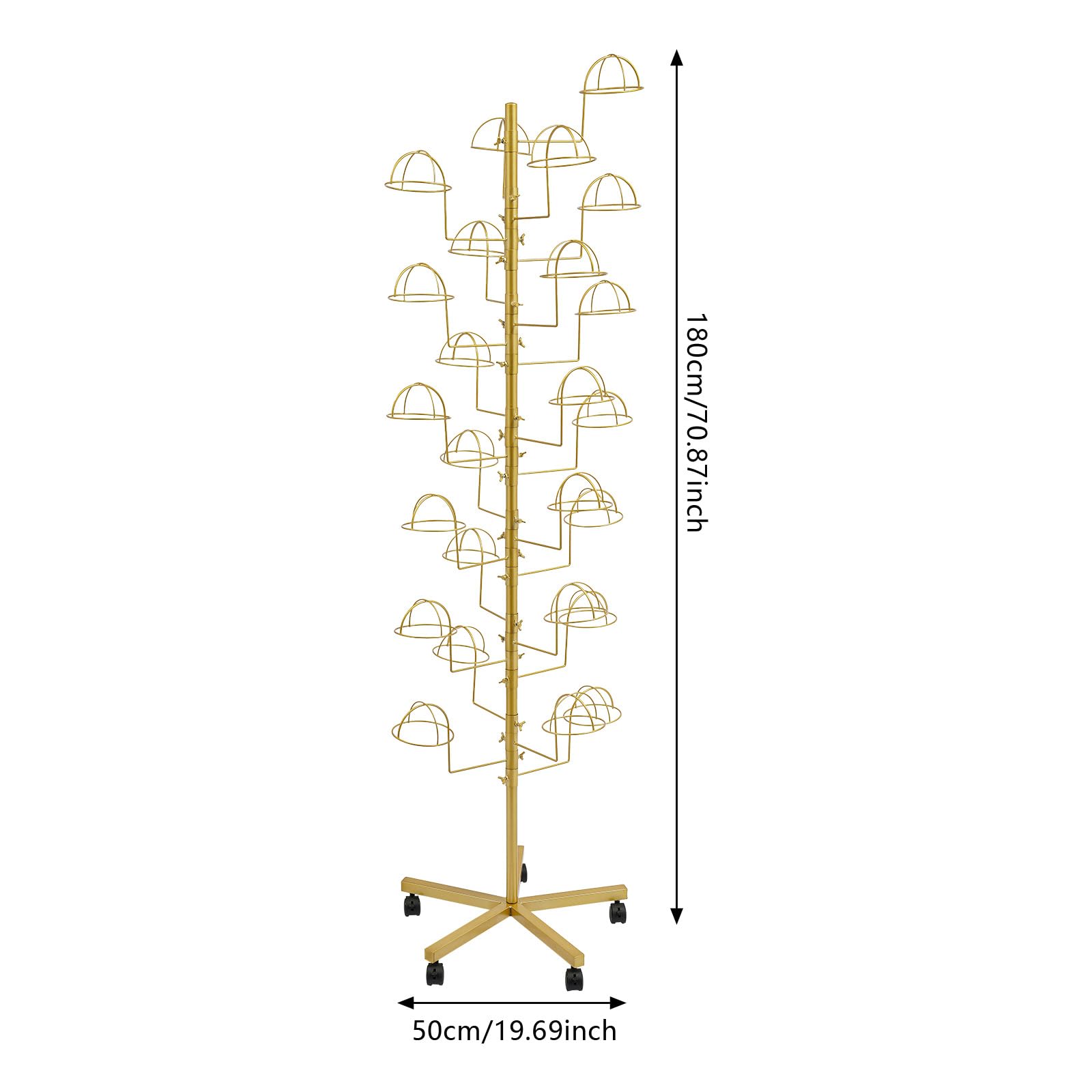 WBGANG Hat Display Rack,Metal Hats Display Stand With 5 Universal Wheels(With Brakes), Freestanding Hat Storage Stand For Homes, Stores,Gift Storesto,Etc.Holds Up To 25 Caps Vertically (Golden)