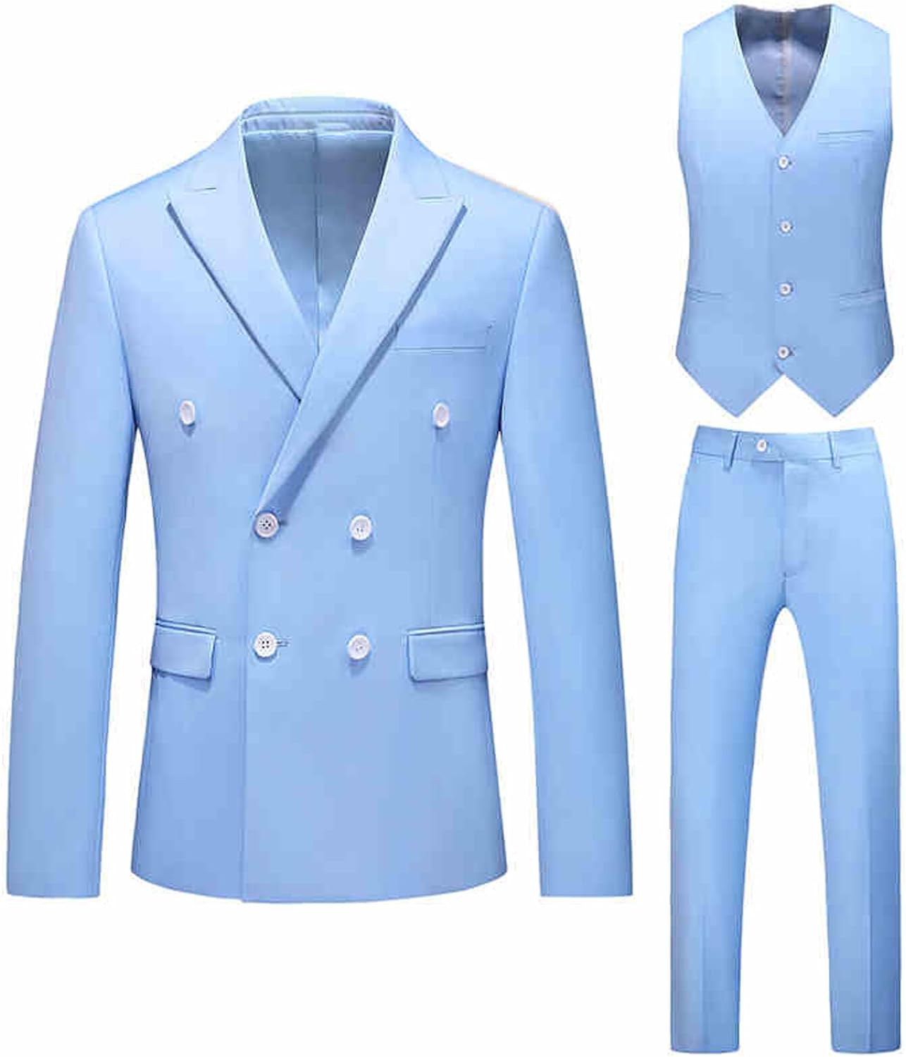 Mens Suit 3 Piece Set Double Breasted Tuxedo Suit Set Slim Fit Blazer Jacket Vest Pants Set