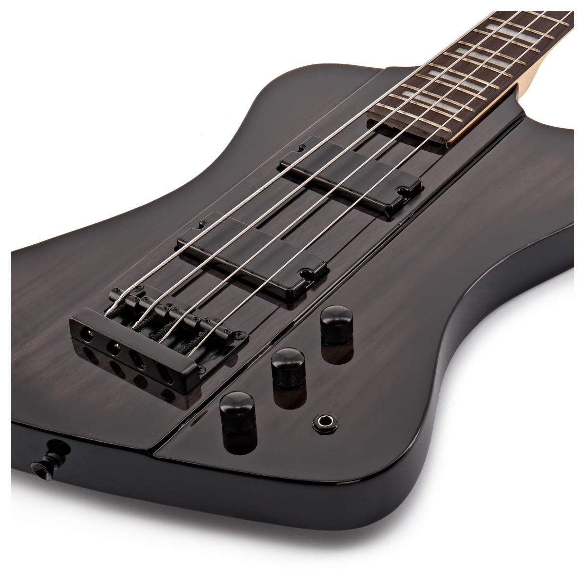 Basso Harlem Z di Gear4music, Trans Black | Corpo Leggero in Paulonia dal Suono Ricco, Forma Z Sorprendente in Finitura Nera, Due Pickup Humbucker, Custodia Inclusa