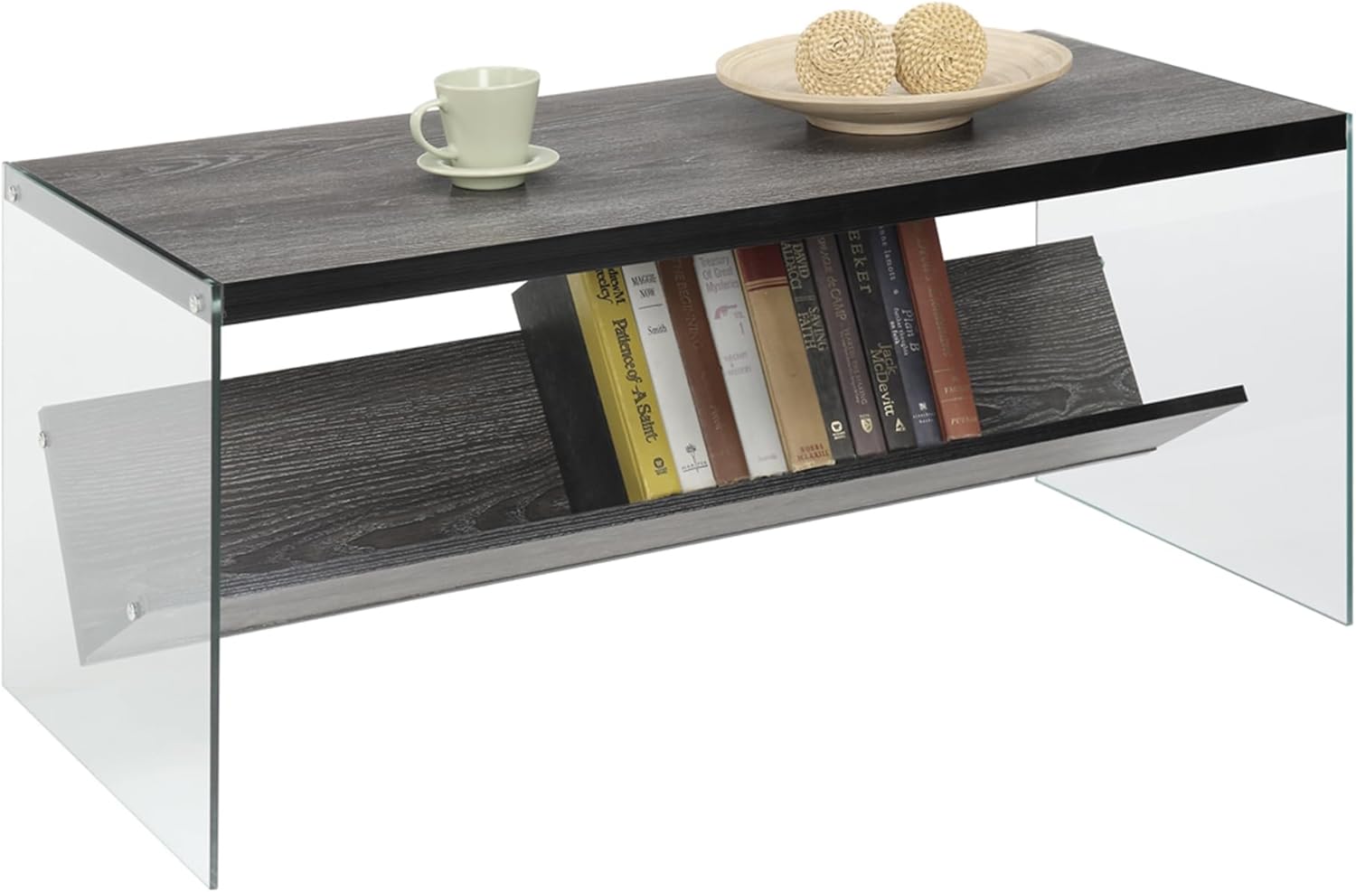 Pemberly Row Coffee Table, Weathered Gray Finish, Particle Board with Tempered Glass Sides, 40 in W x 17.75 in D x 17 in H, Modern Design with Lower Storage Shelf for Living Room Decor