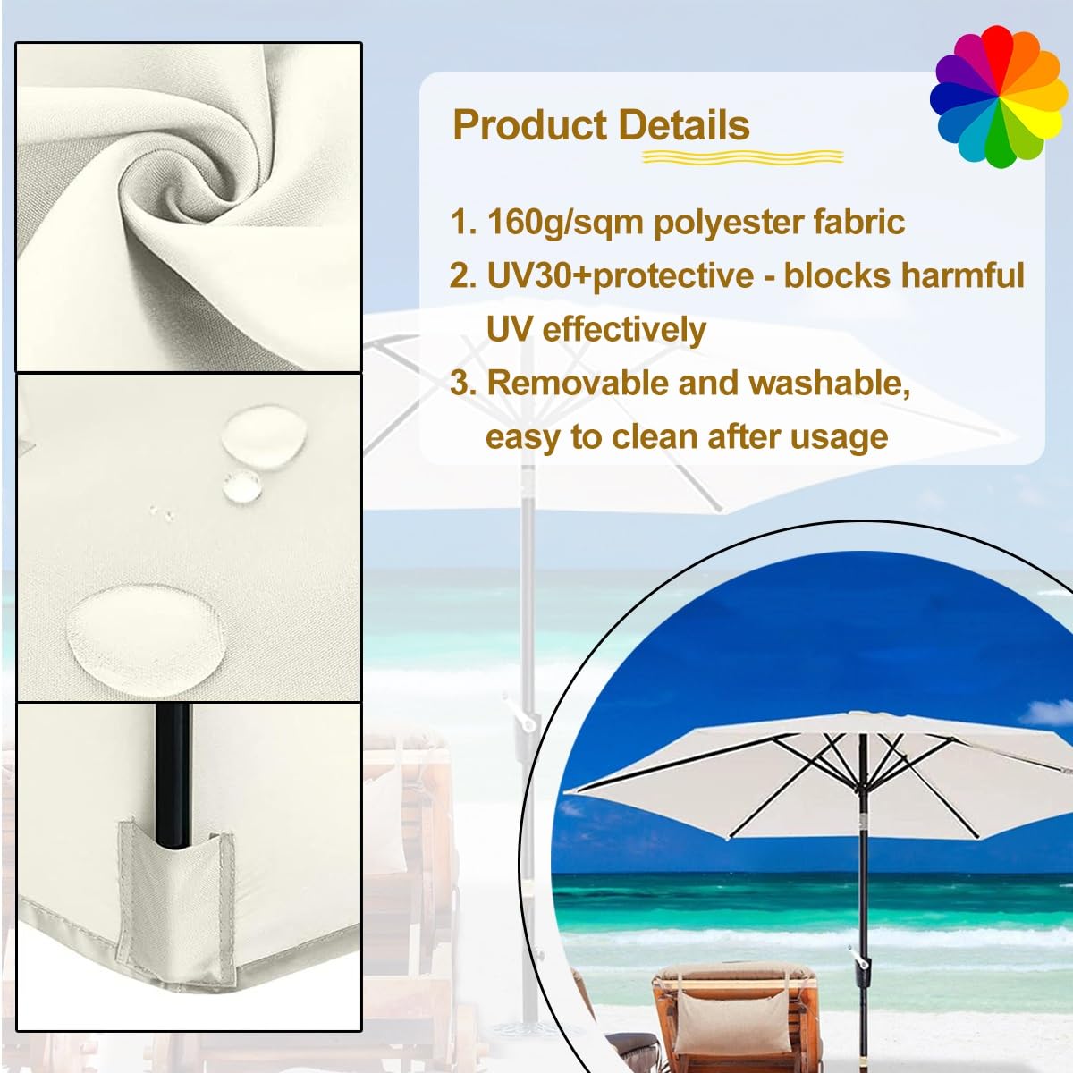 Toile De Rechange Pour Parasol 6 Baleines - 3.0m, Khaki - Résistant UV Et Pluie