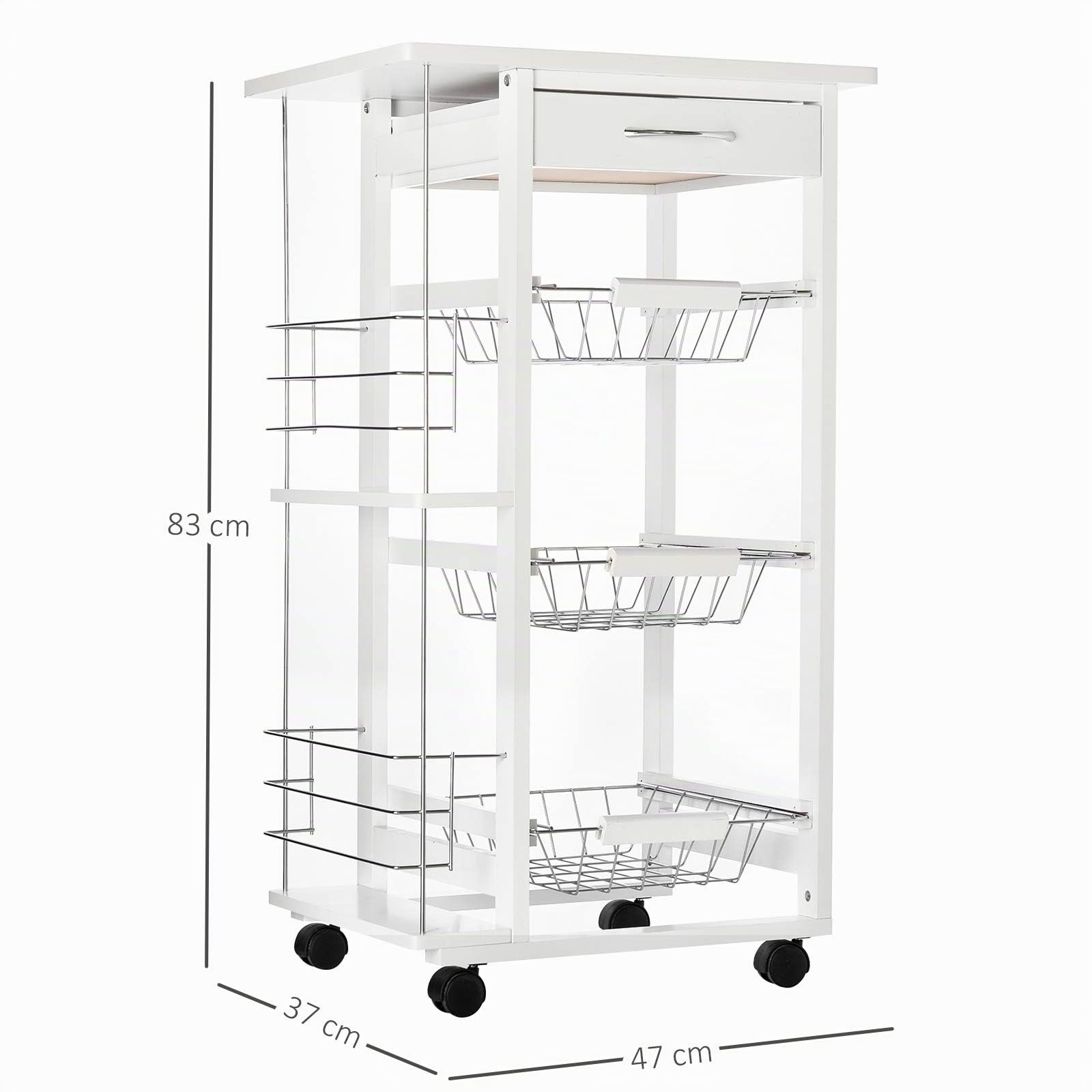 HOMCOM Chariot de Service Desserte de Cuisine à roulettes Bois Pin Blanc | Multi-Rangements, 3 Paniers Métal, Tiroir, 2 Range-Bouteilles