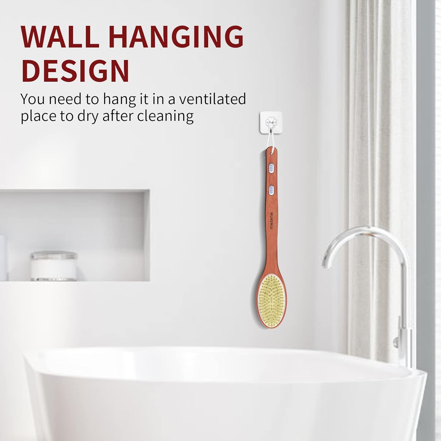 Metene Shower Brush with Upgrade 17-inch Rosewood Handle, Double-Sided Body Brush with Stiff and Soft Natural Bristles for Wet or Dry Brushing, Back Scrubber for Gentle Exfoliating and Clean Easily : Everything Else