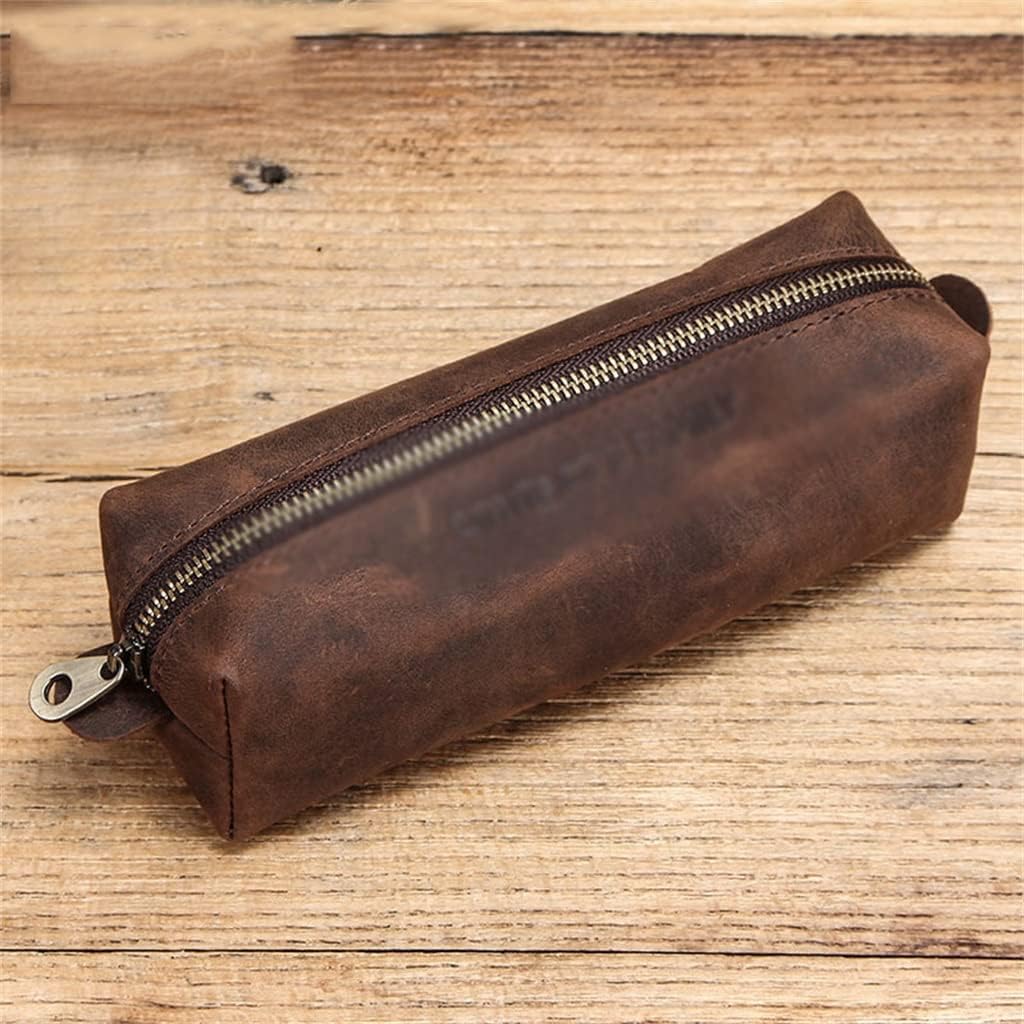Leather Pen Bag, Zipper, Simple Student Stationery Storage, Square Ballpoint Box