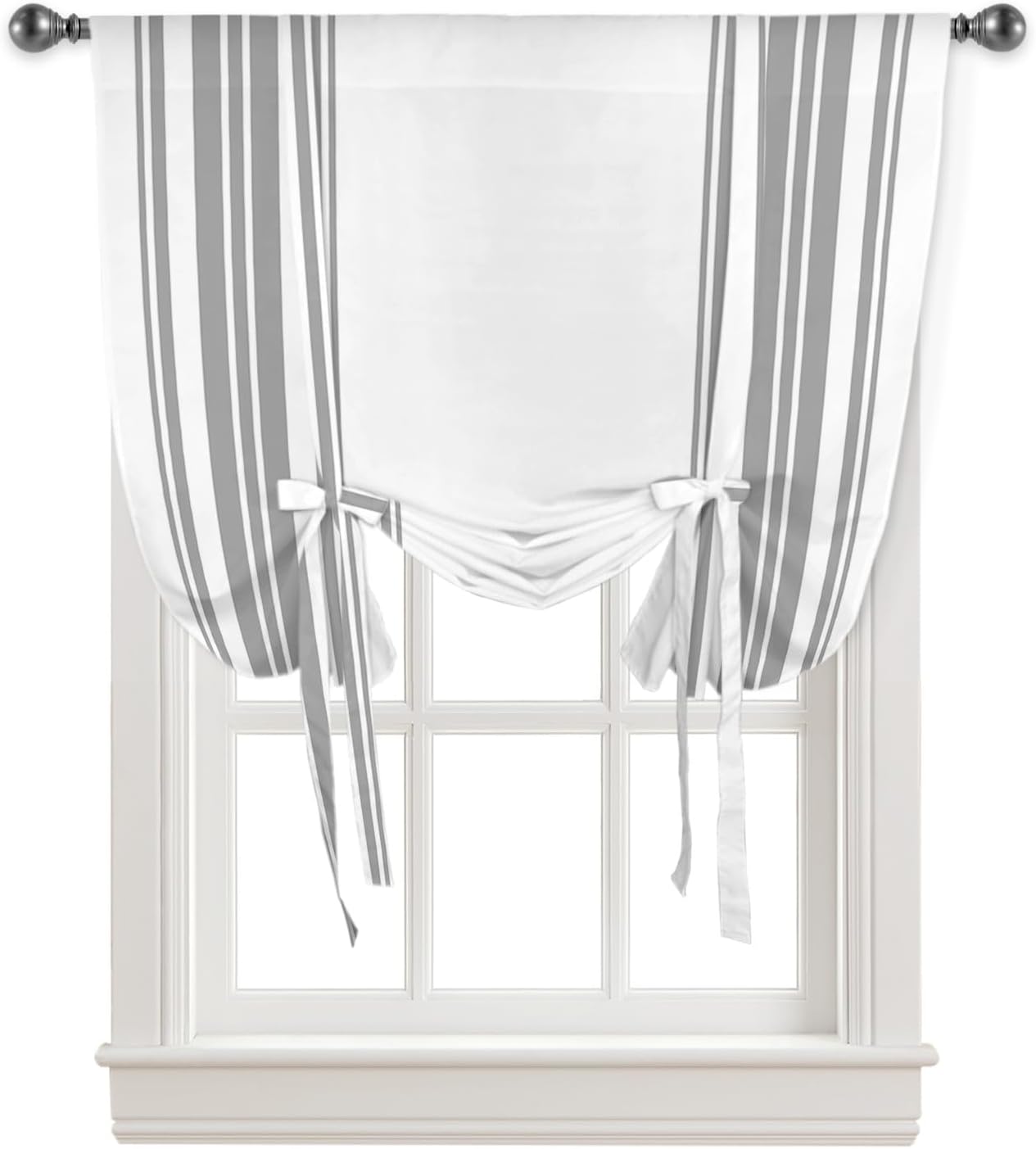 Grey White Stripes Tie Up Curtains for Kitchen Bedroom Living Room Windows, Adjustable Tie-Up Shade Rod Pocket Curtain Valance Drape Casual Bohemian Geometric Art Decor 1 Panel, 52" x 63"