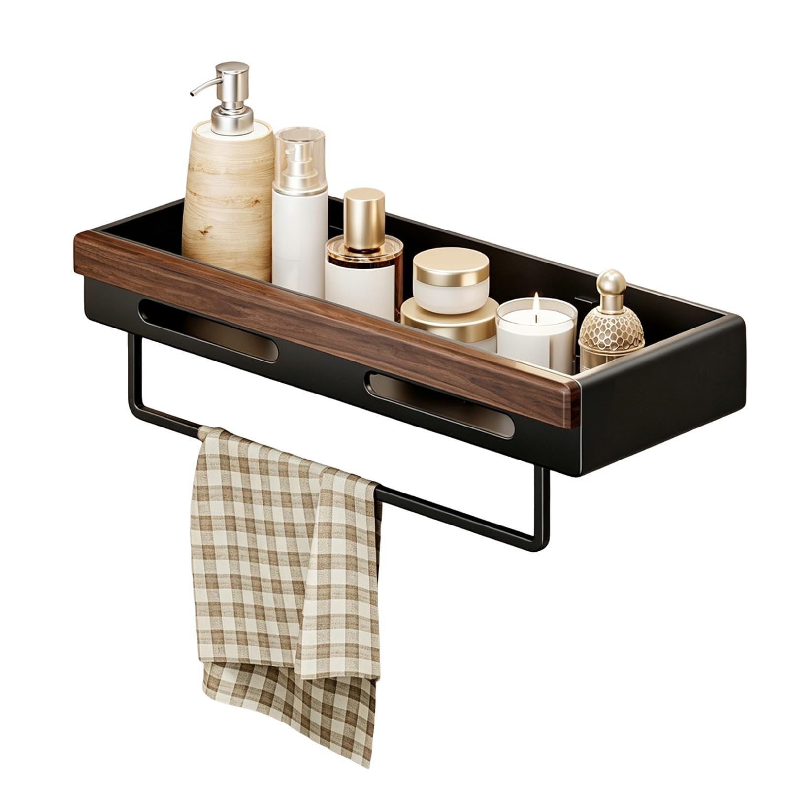 Mensola Portaoggetti da Parete per Bagno, Fissaggio Adesivo per Doccia | Organizzatore a Rapido Drenaggio con Portasciugamani Opzionale per Riporre Shampoo Cosmetici(Black with Rod,50cm/19.7")