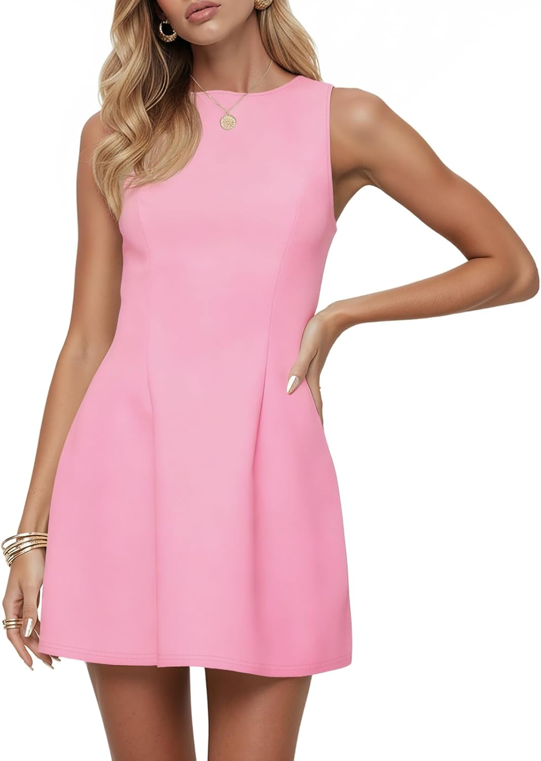 Wenrine Summer Dresses for Women 2026 Elegant Classy Sleeveless Boat Neck A Line Cocktail Party Club Mini Dress