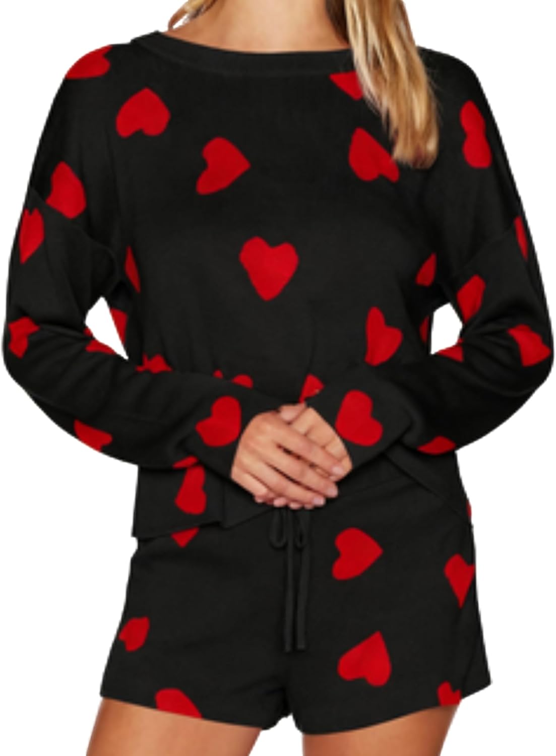 Womens Valentine's Day Pajama Sets Long Sleeve Hearts Print Tops Drawstring Shorts Sleepwear 2 Piece Outfits