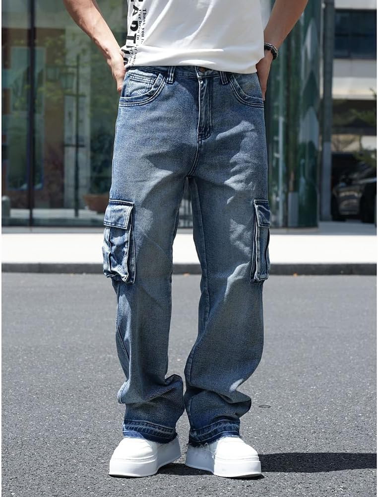 Mens Loose Fit Hip Hop Jeans Casual Cargo Denim Pants with Multi Pockets - Image 2