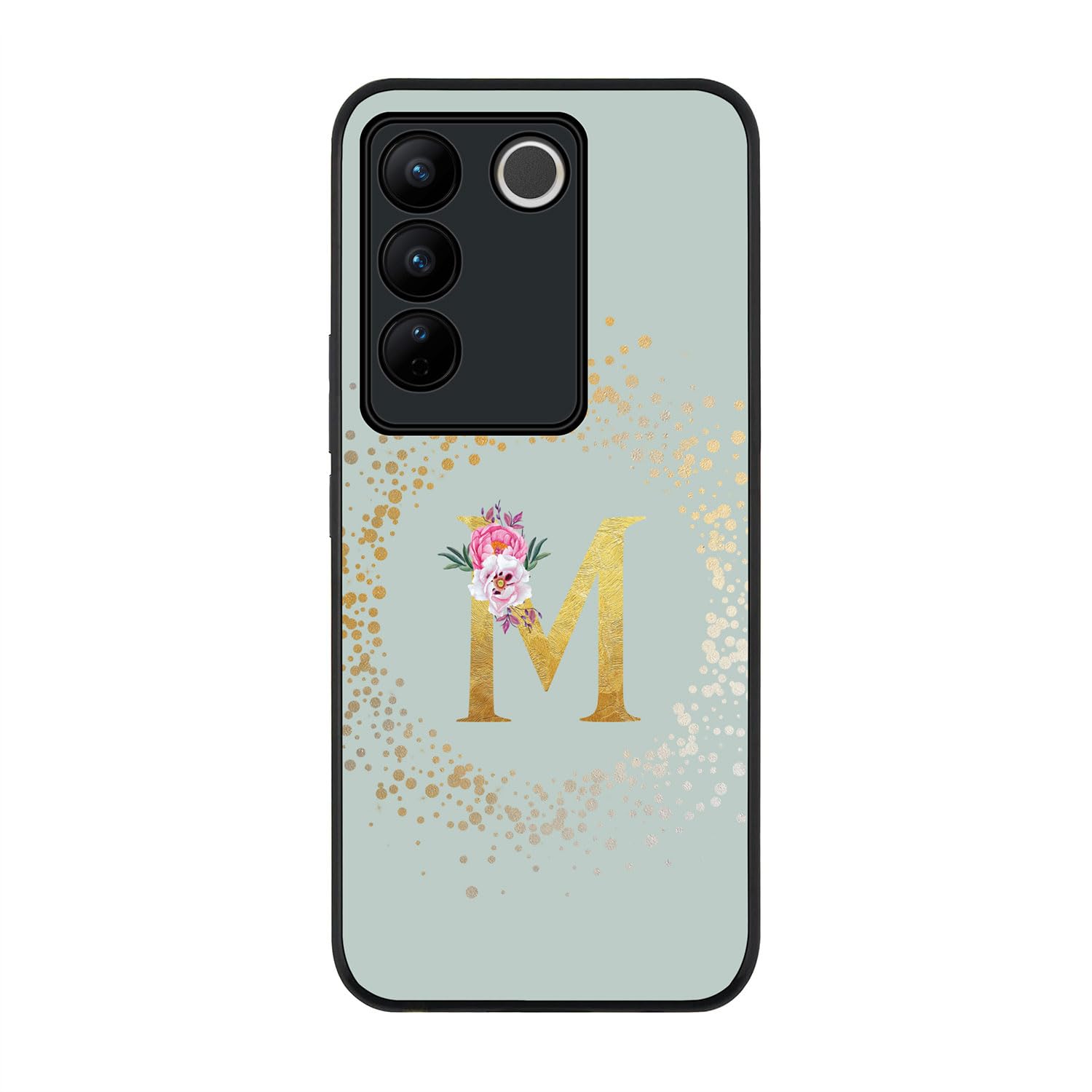 Stylizedd Rugged Black Edge case for Vivo V27 / Vivo V27 Pro/Vivo S16, Slim fit Flexible Rubber Edges Anti Drop Thin Cover - Custom Monogram Initial Letter Floral Pattern Alphabet - M (Light Grey)