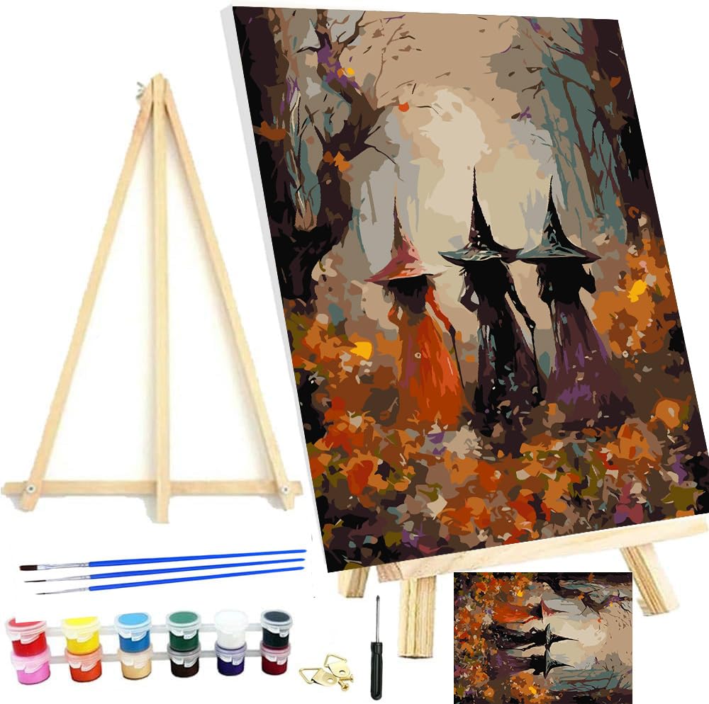 Meothan Gerahmtes Malen-nach-Zahlen-Set für Erwachsene, Halloween, Malen nach Zahlen für Erwachsene und Anfänger, Malen-nach-Zahlen-Set auf Leinwand mit Rahmen und Staffelei für Heimdekoration, 30 x