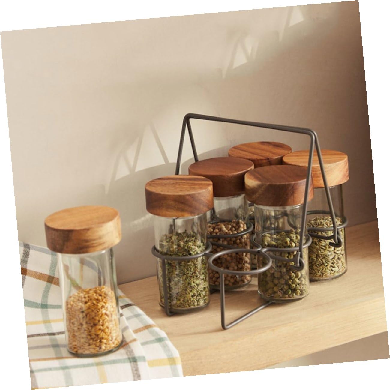 VANZACK Barattoli Condimenti in Vetro Trasparente Coperchio in Legno e Vassoio Contenitori Saliera e Spezie Salvaspazio per Cucina e Bbq Facili da Pulire e Sicuri