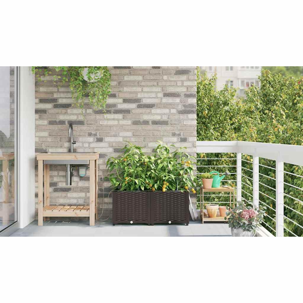 2er Set Pflanzkübel mit Bewässerung Braun 80x40x37,5 cm | Zwei braune Blumenkästen für Balkon und Terrasse mit integriertem Wasserspeicher für einfache Pflanzenpflege im Freien.