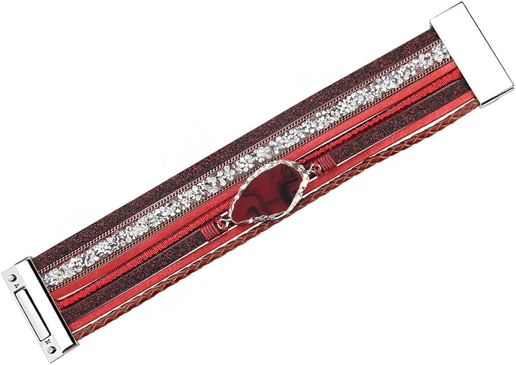 COOLLA Braided Wrap Bracelet Agate Stone Crystal Leather Cuff Bangle Women Bracelet (Red leather bracelet): Clothing, Shoes & Jewelry