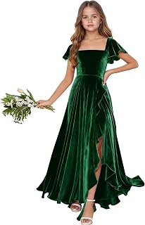 Eightale Long Sleeve Velvet Junior Bridesmaid Dress Long A- Line Formal Pageant Wedding Party Gown with Slit