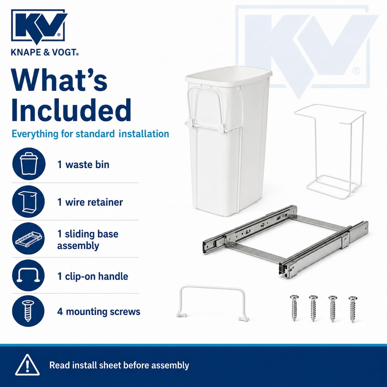 Knape & Vogt RS-PSW9-1-20-W Abfalleimer, 43,2 x 20,3 cm (H x B x T), Stahl, 20 Qt. Einzelner weißer ausziehbarer Mülleimer