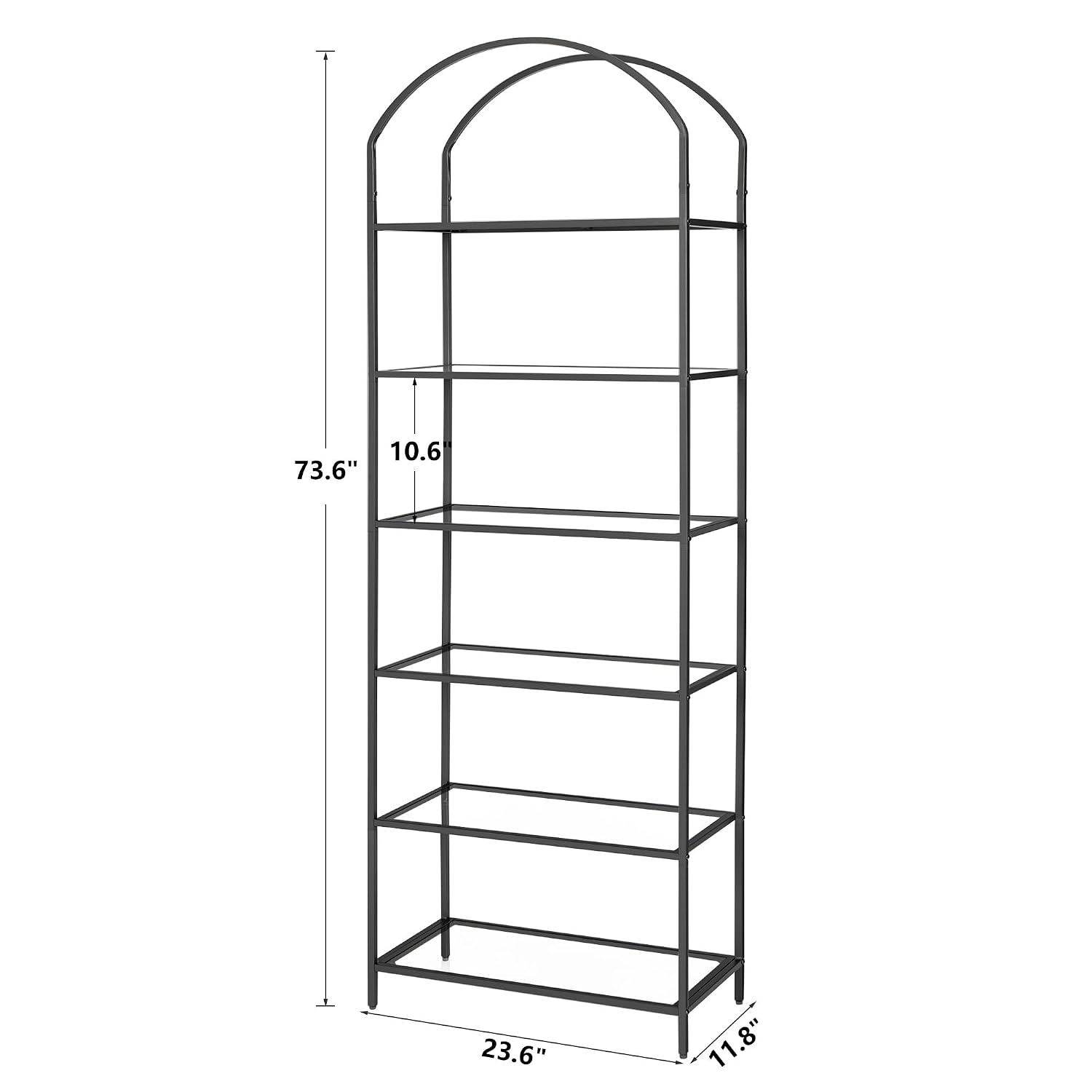 Homhedy Bookshelf Arched Display Racks,Metal Bookcase,Tempered Glass Shelves,Storage Rack Shelf for Home Office,Living Room,Bedroom, Bathroom,Modern Style (Black, 11.8" D x... - Image 2
