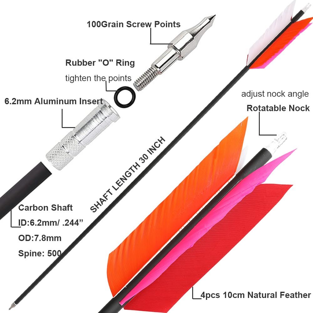 6/12pcs Bogenschießen Jagd Pfeile 30 Zoll Flu-Flu Pfeile Carbon Pfeile Spine 500 mit 4 Türkei Federn Bogenpfeile für Kleinwild Jagd Schießen