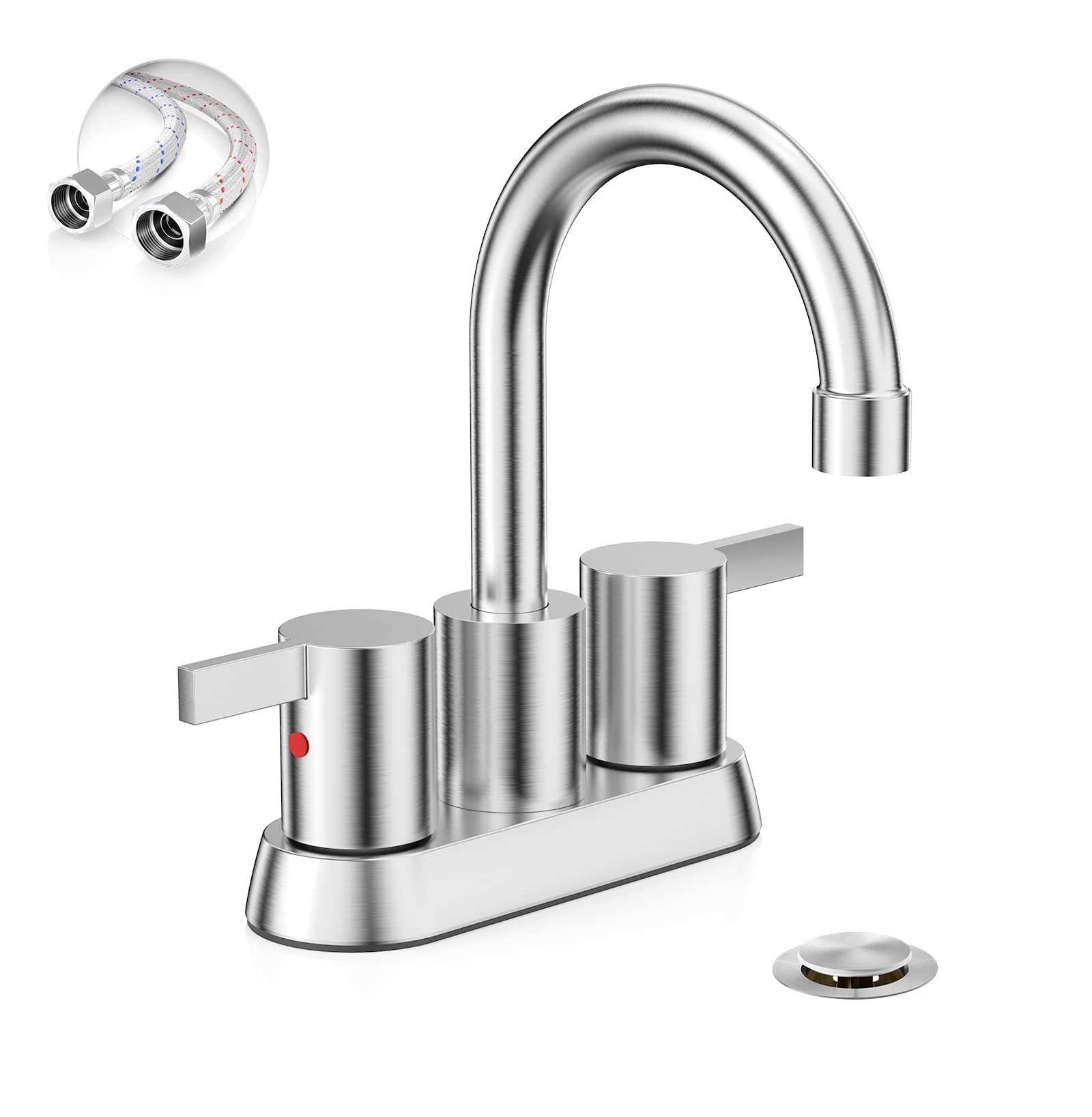 Phiestina Brushed Nickel 4 Inch 2 Handle Centerset Lead-Free Bathroom Sink Faucet, with Copper Pop Up Drain and Water Supply Lines,BF015-1-BN