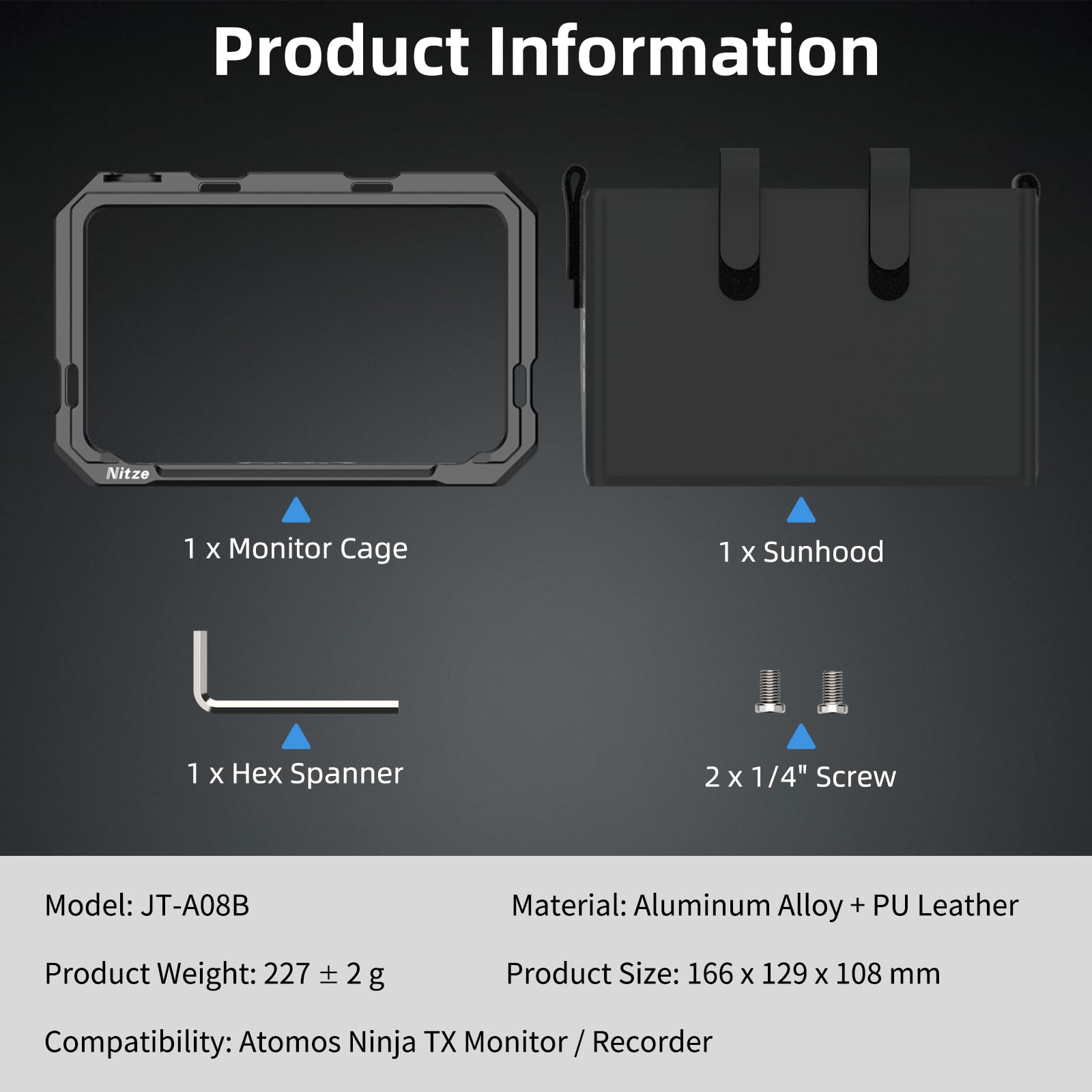 Nitze Kit de Jaula para Monitor/Grabador Atomos Ninja TX, Monitor Cage con Parasol de Cuero PU, Zapata Fría Integrada y Riel NATO - JT-A08B