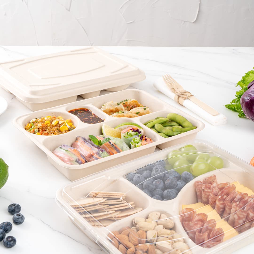 Restaurantware Pulp Tek - Recipientes de 1,219.0 g para llevar, 100 recipientes sostenibles, tapas se venden por separado, 5 compartimentos, platos de bagazo hechos de fibras de caña de azúcar, aptos