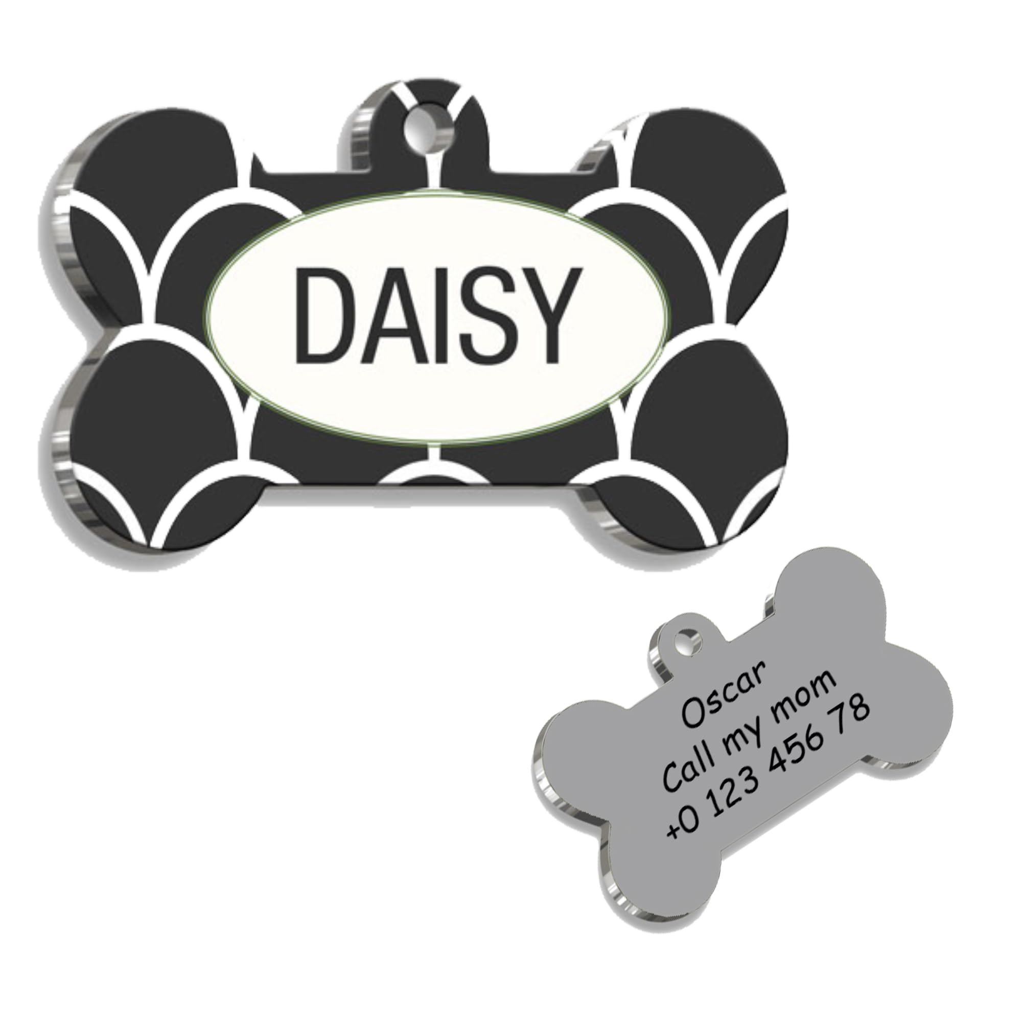 Bone Black White Plaid Personalized Dog Tag - Custom Name Tag - ID Tag for Dog & Cat - Customized Pet Tags - Dog Name Tag - Cat Name Tag - Engraved Dog Tag - TS1…