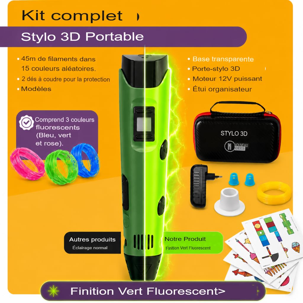 Stylo 3D de précision | Kit Complet avec 45 m de Filament PLA (15 Couleurs) et 3 Couleurs Fluorescentes | Vitesse réglable | Outil pour travaux manuels et réparations