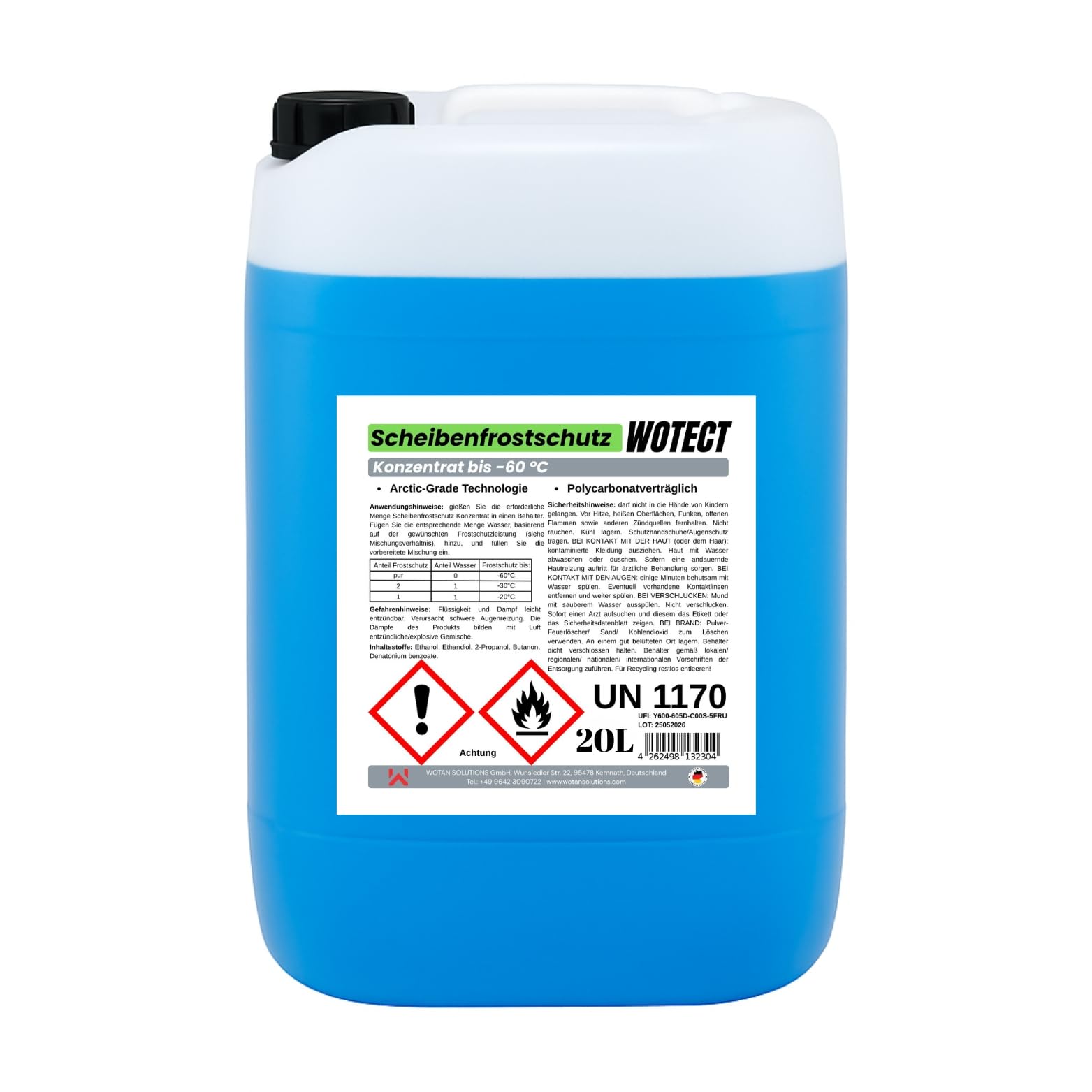 WOTECT 20L Scheibenfrostschutz Konzentrat bis -60°C – Winterscheibenreiniger Citrus Methanolfrei – Frostschutzmittel für die Auto Scheibenwaschanlage – Schnelles Enteisen & Klarsicht