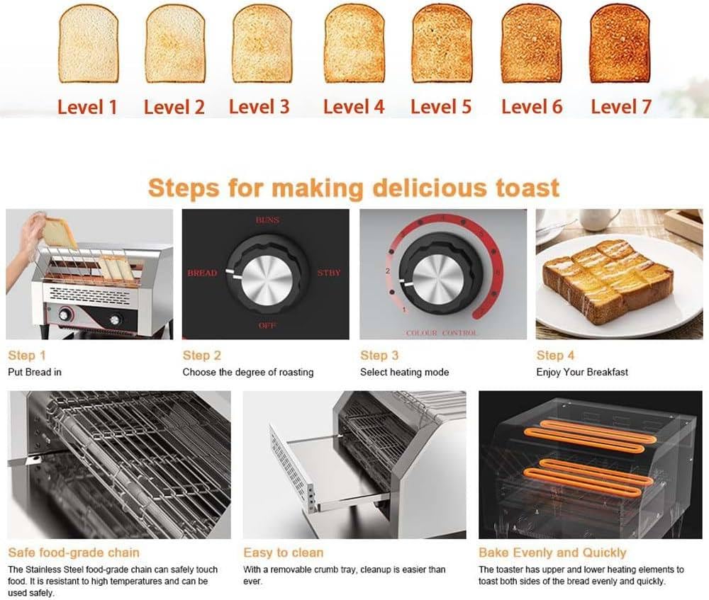 Professional Conveyor Toaster 2200W - 300 Slices/Hour - Heavy Duty Toaster for Restaurant - Professional Oven - Ideal for Buffets, Family Days and Camping