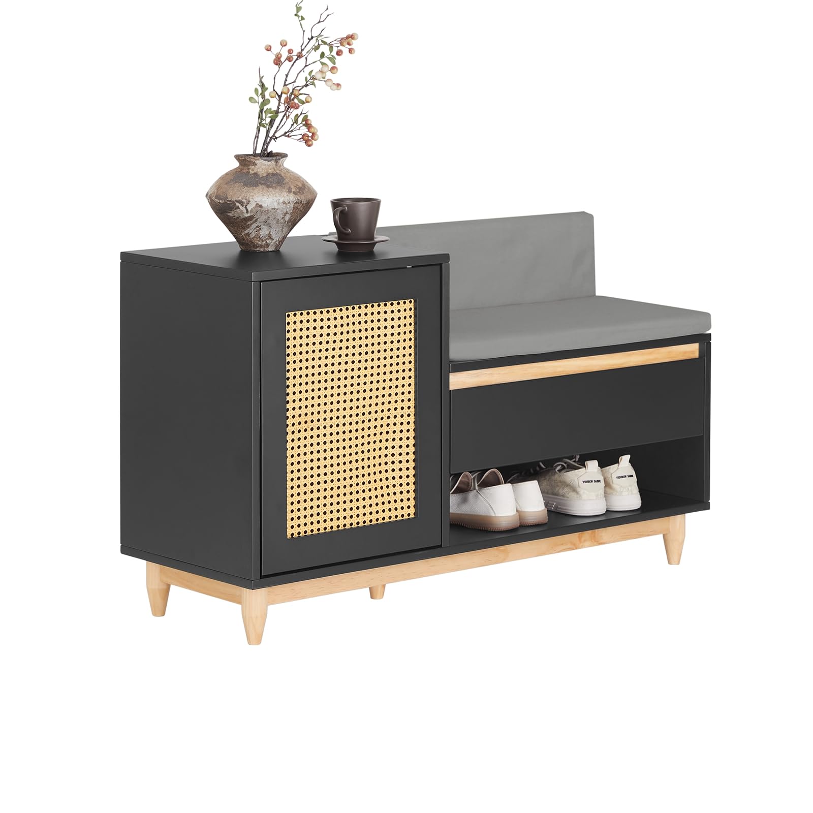 SoBuy Banco Zapatero con 2 Estantes, 1 Cajón y 1 Puerta Entrada Recibidor con Cojín Acolchado de Asiento 100 x 35 x 60 cm FSR128-SCH ES