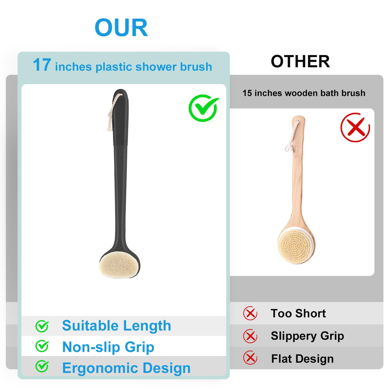VANZAVANZU Back Scrubber for Shower Bath Brush with 17-Inch Long Anti-Slip Handle - Image 2