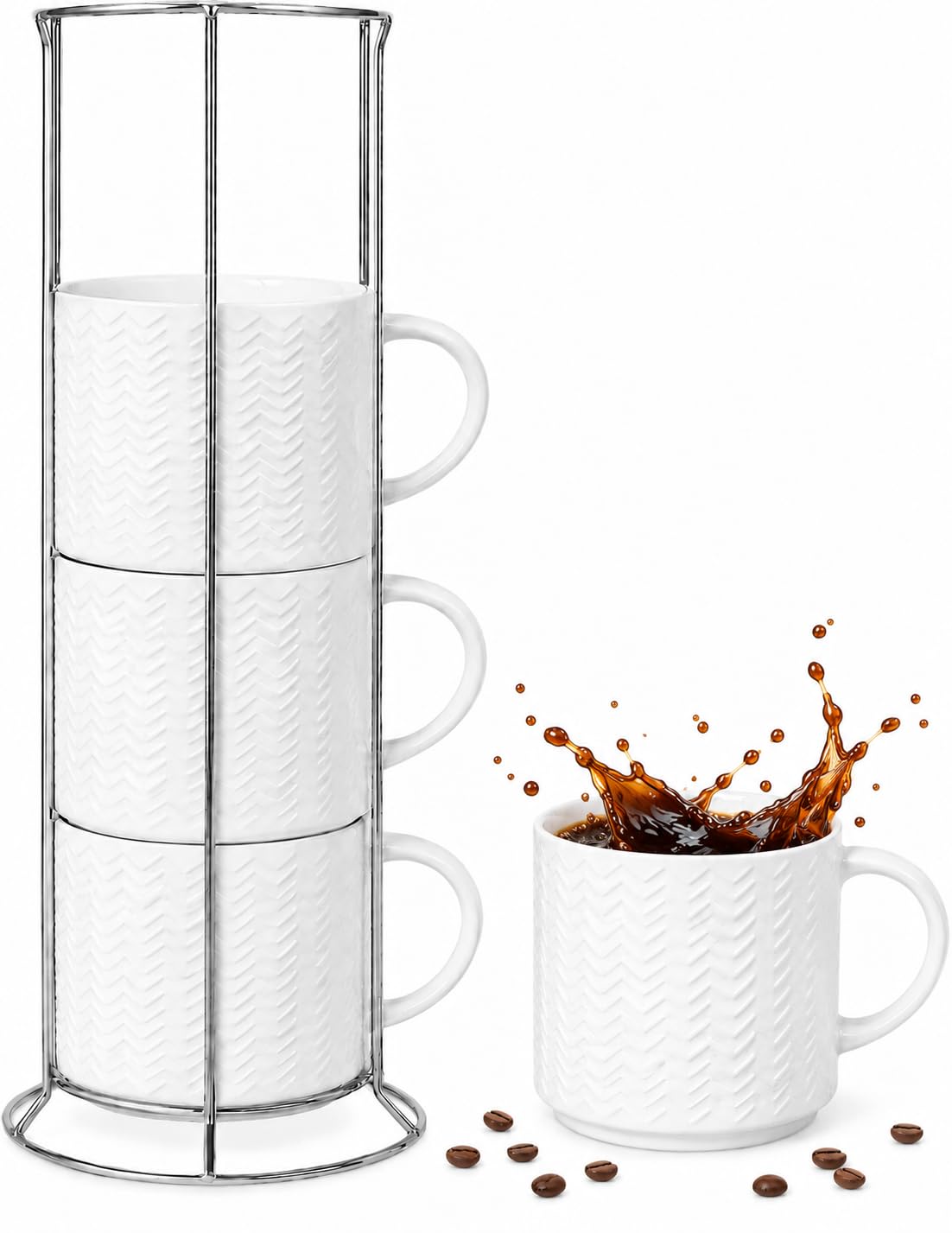 HASENSE 12oz Stackable Coffee Mug Set of 4 with Rack, Embossed White | Ceramic Coffee Mugs, Porcelain Coffee Cups for Latte, Cappuccino,Microwave Dishwasher Safe