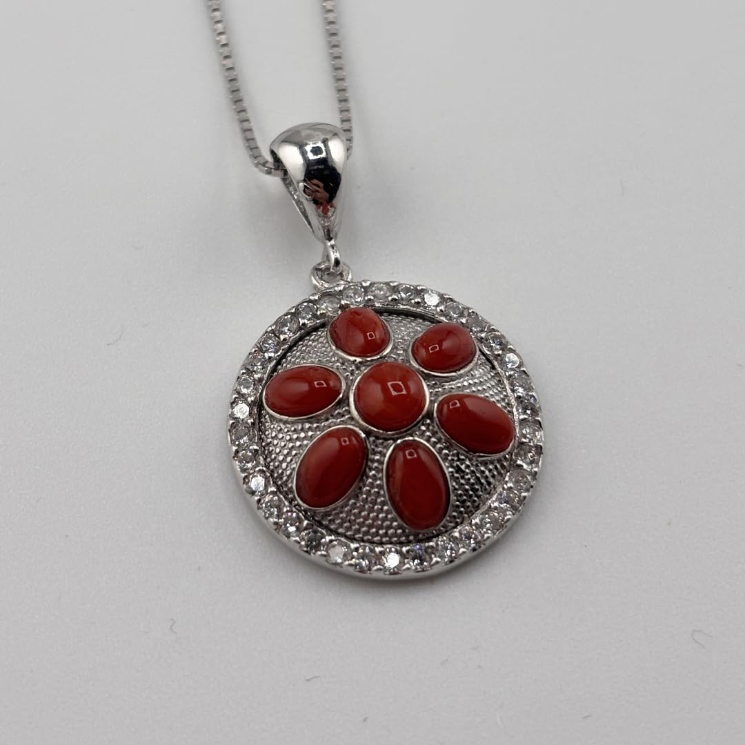 Ciondolo elegante tondo in argento 925 Rodiato con corallo rosso naturale del Mediterraneo catenina veneziana 45 cm gioiello donna ragazza elegante artigianale
