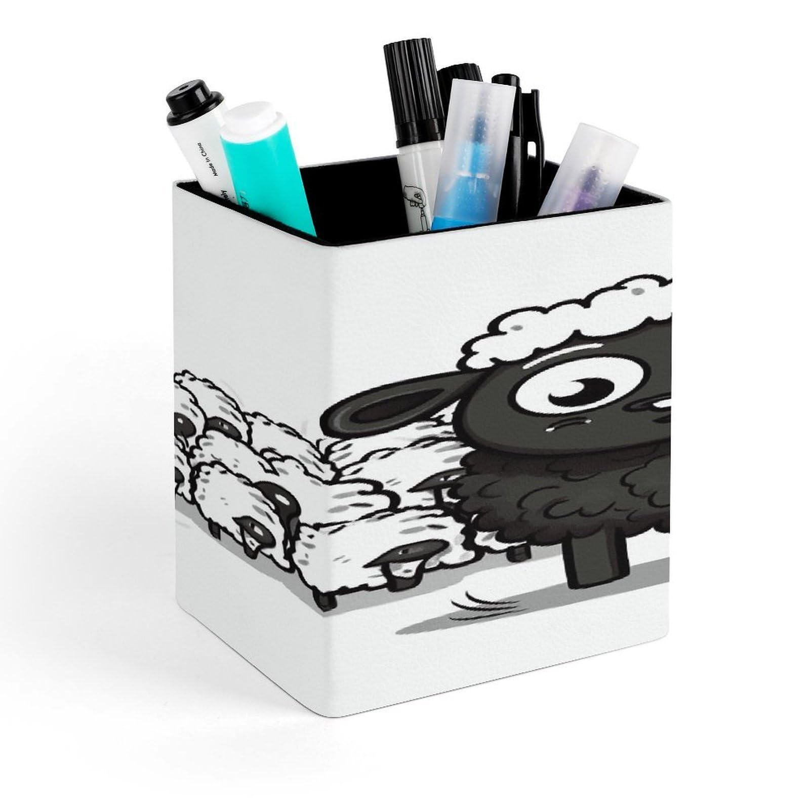 LZQPOEAS Cartoon Black White Sheep Square Pen Pencil Holder PU Leather Pencil Cup Desktop Stationery Organizer Office Accessories Container