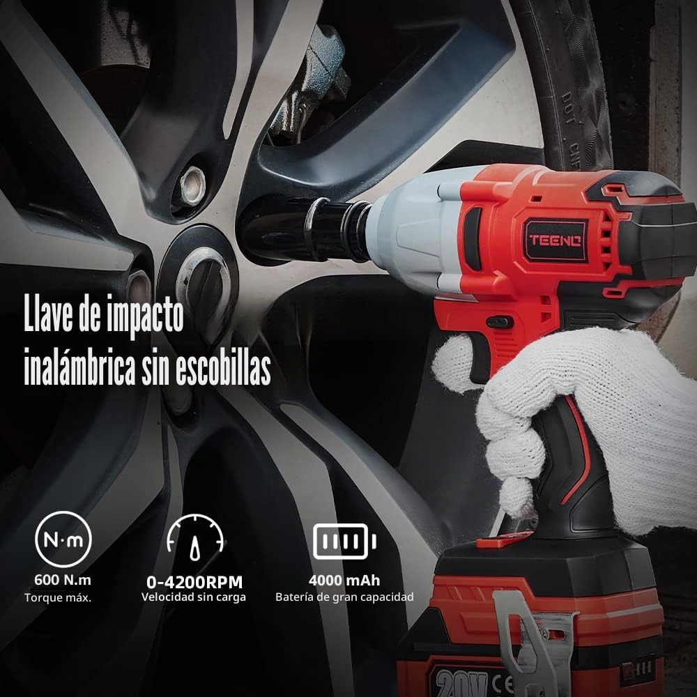 TEENO - Llave de impacto inalámbrica sin escobillas de 1/2", 600 Nm, 20 V, con 2 pilas de 4000 mAh, atornillador de impacto con 4 boquillas de impacto (17/19/21/22 mm), para el automóvil y el uso