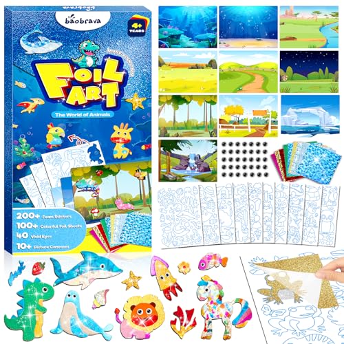 Baobrava Foil Art Fun Kit for Kids Craft Kits Supplies No Mess Animal DIY Creative Activity Travel Toys Party Favors Gifts for Girls Ages 4 5 6 7 8 9