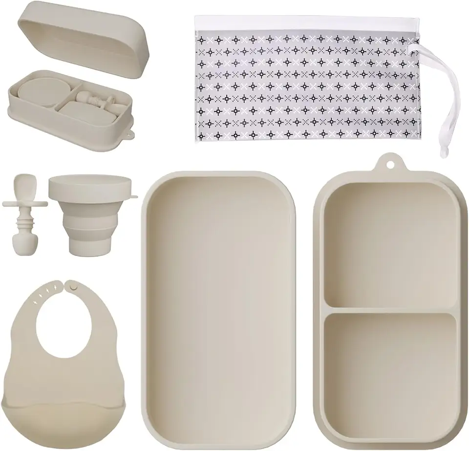 Travel Silicone Baby Feeding Set Portable Toddler Feeding Supplies Toddler Plates and Bowls Set Baby plates with Suction With spoon and cup, bib and waterproof storage bag