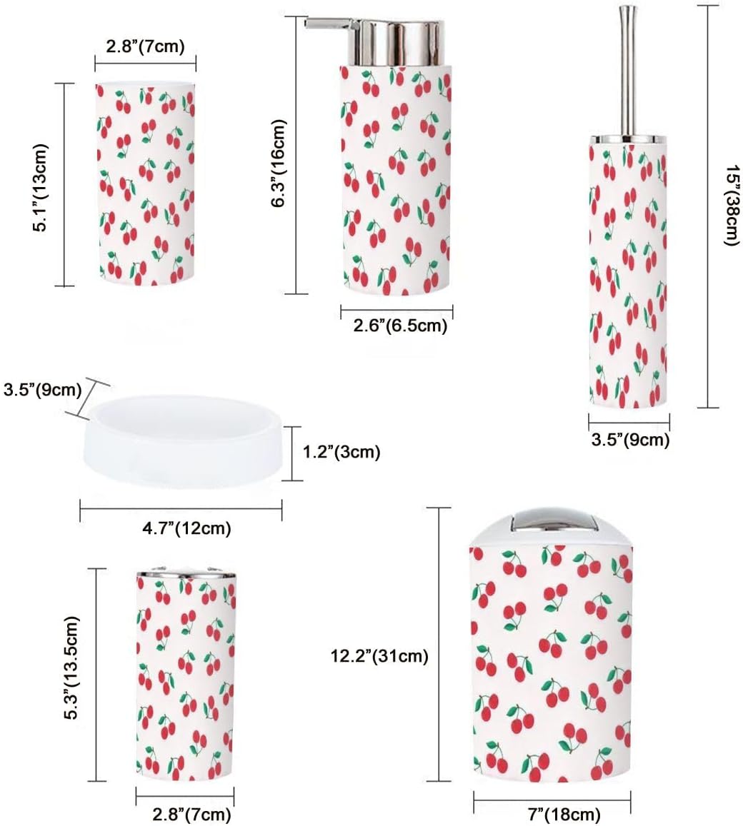 Bathroom Accessory Set 6 Piece red Cherry Pattern Cherry Pattern Toothbrush Holder, Toothbrush Cup, Soap Dispenser, Soap Dish, Toilet Brush Holder, Trash can for Countertop Rustic Decor